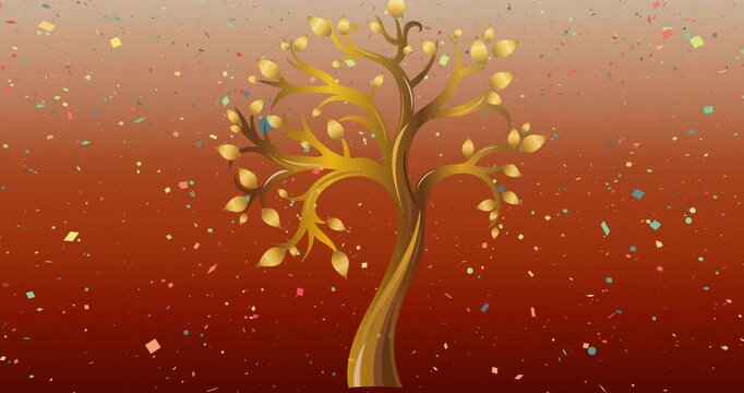 Animation of confetti over tree on red background