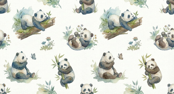 Cute Watercolor Panda Seamless Pattern with Bamboo and Nature Elements