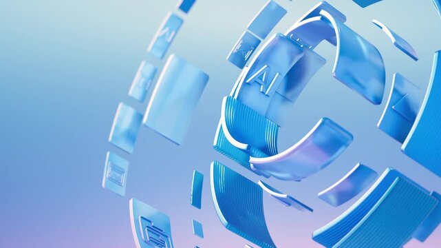 Abstract technology background with blue AI icons, swirling dynamic shapes. Futuristic digital data concept. Ideal for presentations, websites, tech themes, innovation, and modern corporate designs.