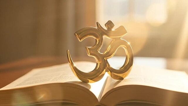 Golden Om symbol sculpture resting on antique book on wood table