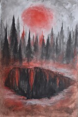 Dramatic Painting of Dark Forest Silhouette Against Red Sun with Reflections in Water Art Piece on Canvas with Texturized Background and Glitter Accents