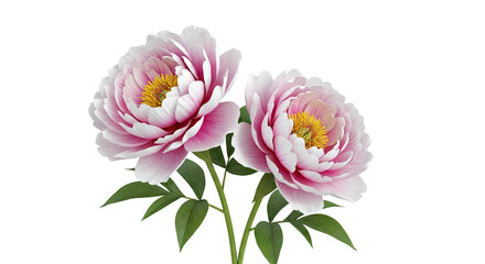 Fototapeta premium Two Pink Peonies with Green Leaves on White Background
