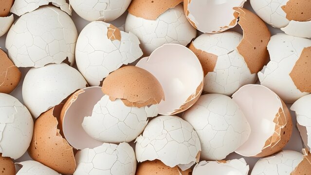 Close up of a full frame background of white and brown eggshell pieces. Organic waste for compost and garden fertilizer.