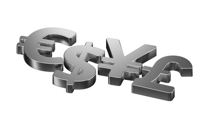 3D Silver Currency Symbols Money Finance Business Sign Dollar Euro Yen Pound Isolated Png