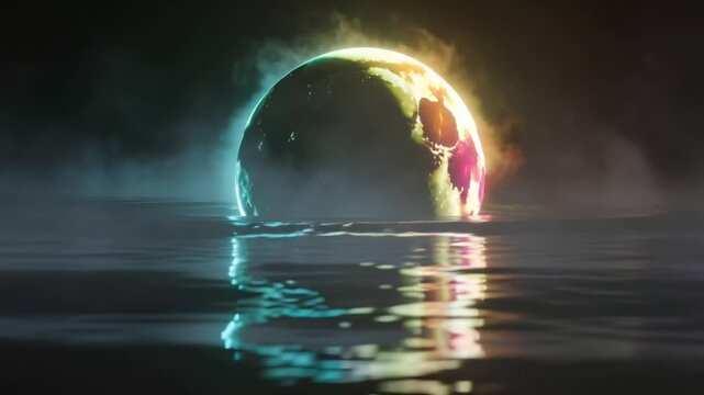 Cinematic 4K video, glowing neon moon reflected smooth liquid mirror surface ripples chromatic distortions, surreal dreamlike atmosphere fog, pastel neon gradient colors purple pink blue dynamic light