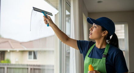 Woman cleaning window with squeegee and spray bottle