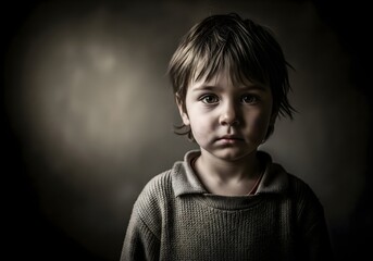 Close-up portrait of a young child with a somber expression in low light, conveying vulnerability, innocence, emotional depth, resilience, human sensitivity, childhood hardship, and quiet strength 