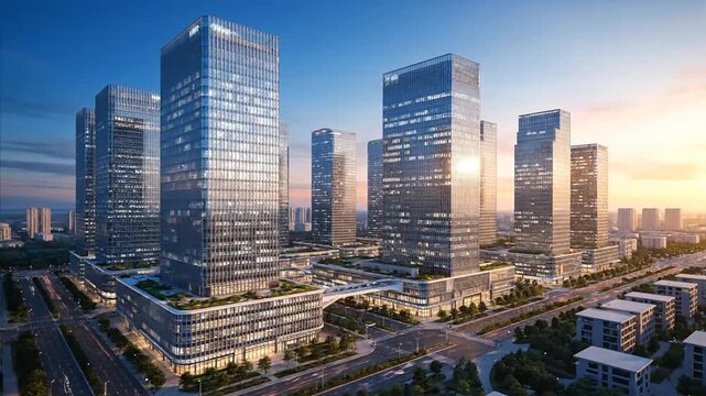 Modern cityscape with glass skyscrapers under a clear blue sky