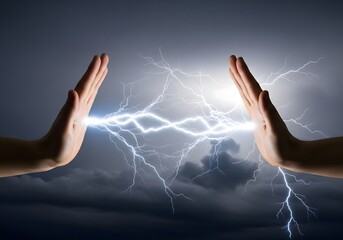 Two human hands facing each other with powerful electric energy between them, symbolizing resistance, protection, confrontation, opposing forces, strength, control, tension, and the clash of energy 