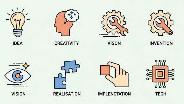 Innovation Process Icons Idea Creativity Vision Invention Realisation Implementation Tech.