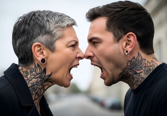 Two tattooed adults shouting face to face in an intense confrontation, expressing anger, conflict, emotional tension, disagreement, power struggle, communication breakdown, and raw human emotion