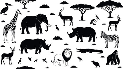 African wildlife safari silhouettes collection featuring elephant, lion, giraffe, rhino, zebra, antelope and savanna trees isolated on white background for nature design © Yeasin