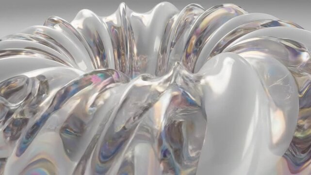Abstract iridescent torus shape with smooth, flowing lines and reflective surface, creating a futuristic design.