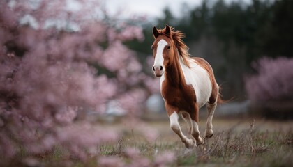 Obraz premium A graceful brown-and-white horse gallops through a field, surrounded by blooming pink flowers, capturing the essence of spring.