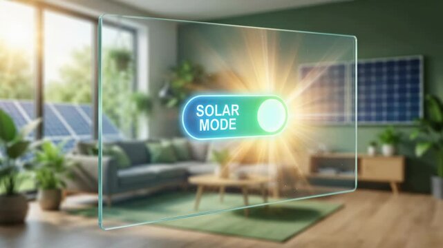 Solar energy renewable technology with finger pressing button transparent digital screen activating solar mode modern living room with solar panels