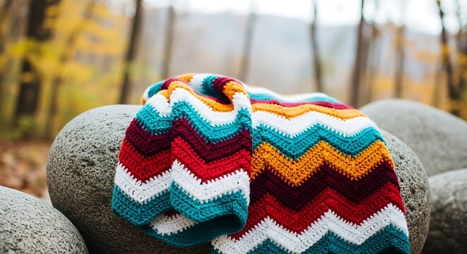 Colorful knitted scarf with chevron pattern draped over smooth gray stones outdoors.
