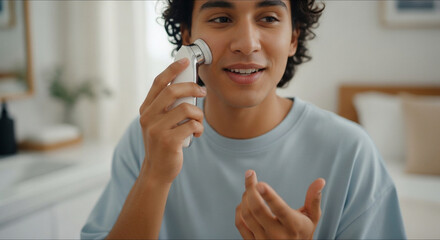 A young man confidently engaging in his daily skincare ritual, using a modern facial cleansing brush for a refreshing and healthy glow, embracing self-care for clear, vibrant skin