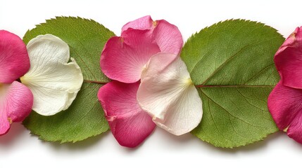 Floral Arrangement with White and Pink Petals Bordered by Green Leaves Against a White Background