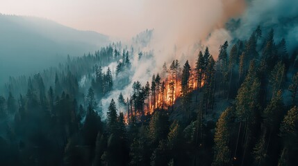 Forest Fire Rages Through Evergreen Trees Under Hazy Sky Spreading Flames Creating Smoke Plumes During Daytime Burning Forest Devastation Natural Disaster Landscape