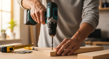 Person's hands skillfully using a modern cordless drill to fasten a screw into wood, highlighting DIY, construction, and home improvement projects