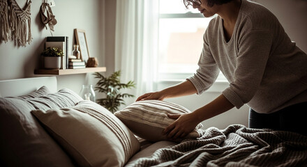 Adult Woman Arranging Pillows on a Comforting Bed in a Bright, Well-Lit Bedroom, Emphasizing Home Comfort and Routine