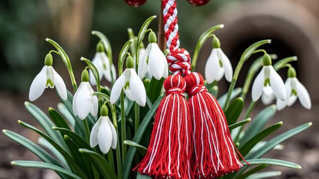 Spring snowdrops galanthus with traditional red and white martenitsa tassels