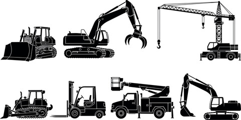 Construction machinery silhouettes set featuring excavator, bulldozer, crane, forklift and heavy equipment vehicles for industrial engineering projects isolated on white background © Yeasin