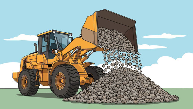 Yellow frontend loader dumping rocks against a blue sky