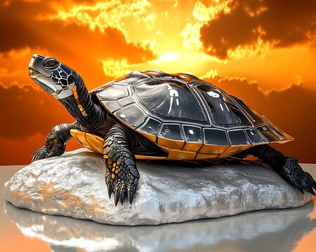 Imagine a futuristic ecosystem where robotic insects pollinate glowing metal flowers, cybernetic birds glide through neon skies, mechanical land animals roam chrome forests, and sleek aquatic robots s