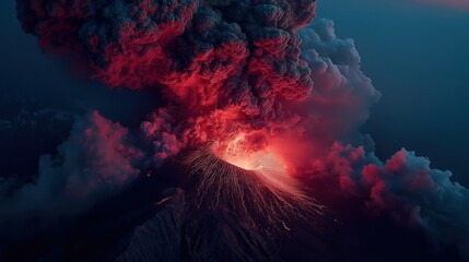 Dramatic aerial view of active volcano eruption with massive smoke column and glowing lava crater at night. Natural disaster and geological power concept background