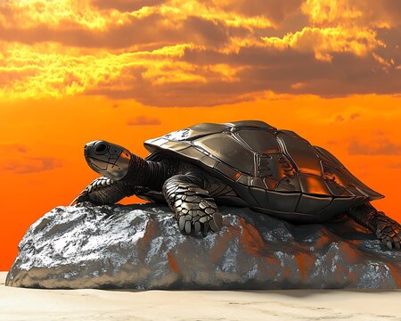 Imagine a futuristic ecosystem where robotic insects pollinate glowing metal flowers, cybernetic birds glide through neon skies, mechanical land animals roam chrome forests, and sleek aquatic robots s