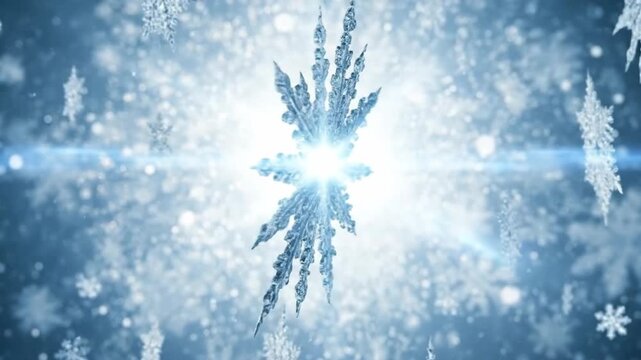 Beautiful winter background with detailed snowflakes and a bright, magical glow.