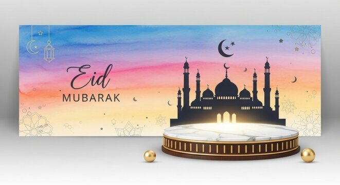 Celebrating eid mubarak with a beautiful mosque silhouette