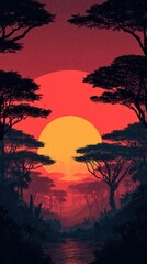 Pixel Art of a Vibrant Sunset Through Dark Silhouetted Trees with Reflections on a Calm River and a Red Sky Filled with Stars in the Distance