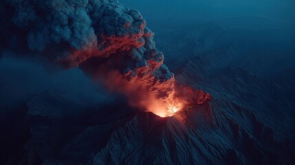 Dramatic aerial view of active volcano eruption with massive smoke column and glowing lava crater at night. Natural disaster and geological power concept background