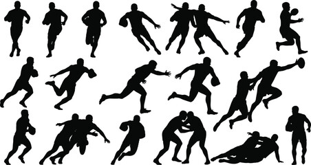 Obraz premium American football player silhouettes showing running, tackling and passing action poses, black vector illustration set isolated on white background for sports and athletic design