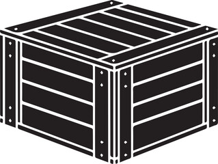 A simple black silhouette icon of a sturdy wooden crate for shipping and storage
