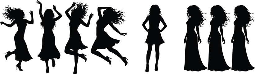 Obraz premium Dancing women silhouettes collection, energetic female figures in motion and standing poses, elegant fashion dresses isolated on white background illustration