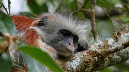 Obraz premium A rare primate with striking features lies comfortably on a branch surrounded by green leaves in a vibrant tropical rainforest enjoying the tranquility of its environment.