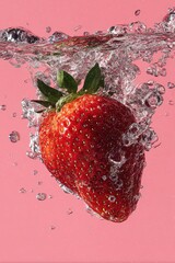 Ripe Red Strawberry Submerged in Bubbly Water Against a Pink Background Freshness Still Life Photography with Sparkling Water Droplets and Shiny Surface for Food Concept