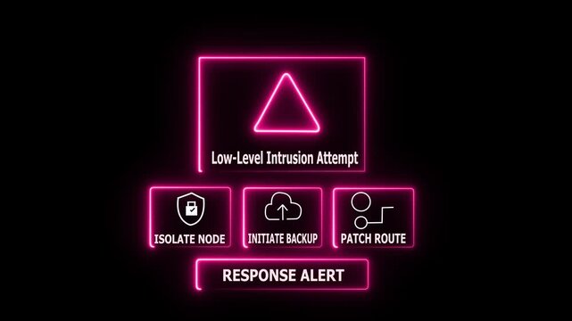 Cybersecurity alert for low-level intrusion attempt with neon icons for isolate node, cloud backup, patch route, and response alert.