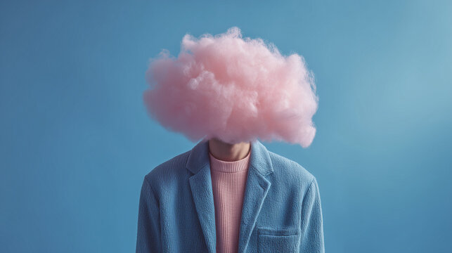 Mann mit rosa Wolke statt Kopf vor blauem Hintergrund &ndash; surreales Konzeptbild f&uuml;r Kreativit&auml;t und Gedankenwelt