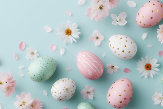 Pastel Easter Eggs and Spring Flowers Flat Lay
