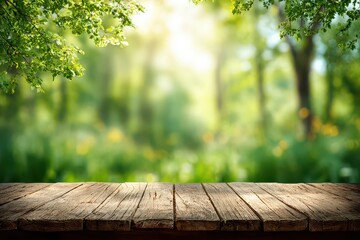 Rustic Wooden Tabletop Overlay with Lush Green Forest Background and Sunlight Casting Through the Trees for Spring or Summer Advertisement
