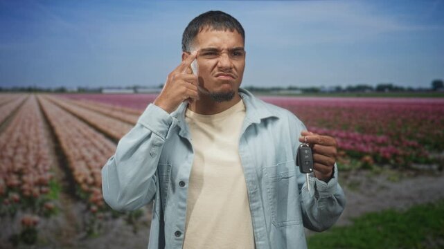 Man holding car key and pointing finger to temple in a tulip field, squinting with puzzled expression and furrowed brow; uncertainty.