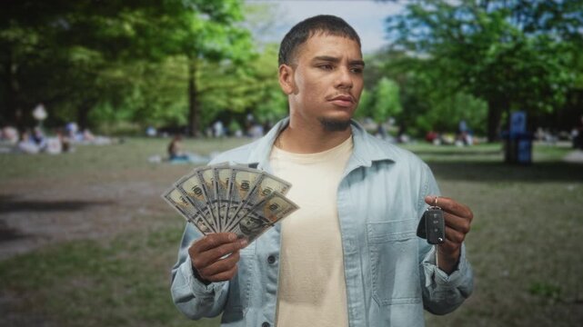 Man holding fanned cash and car key in hand in park, posing with hundred dollar bills and key as if selling a vehicle; confidence sale.