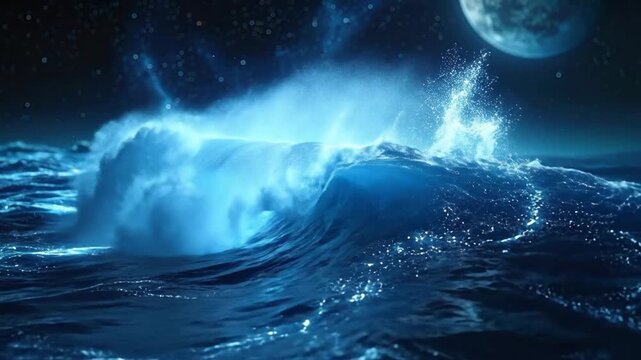 Dramatic ocean waves illuminated by moonlight, creating a surreal and captivating seascape.