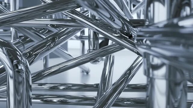 Abstract close-up of intertwined metallic pipes creating a complex structure. Represents modern design, engineering, and industrial aesthetics