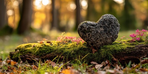 Heart Shaped Decoration on Mossy Log in Forest with Soft Bokeh Background and Scattered Autumn Leaves Outdoor Nature Scene Symbolizing Love