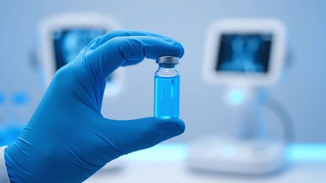 Close-up of a gloved hand holding a vial of blue liquid in a laboratory setting with medical monitors in the background.